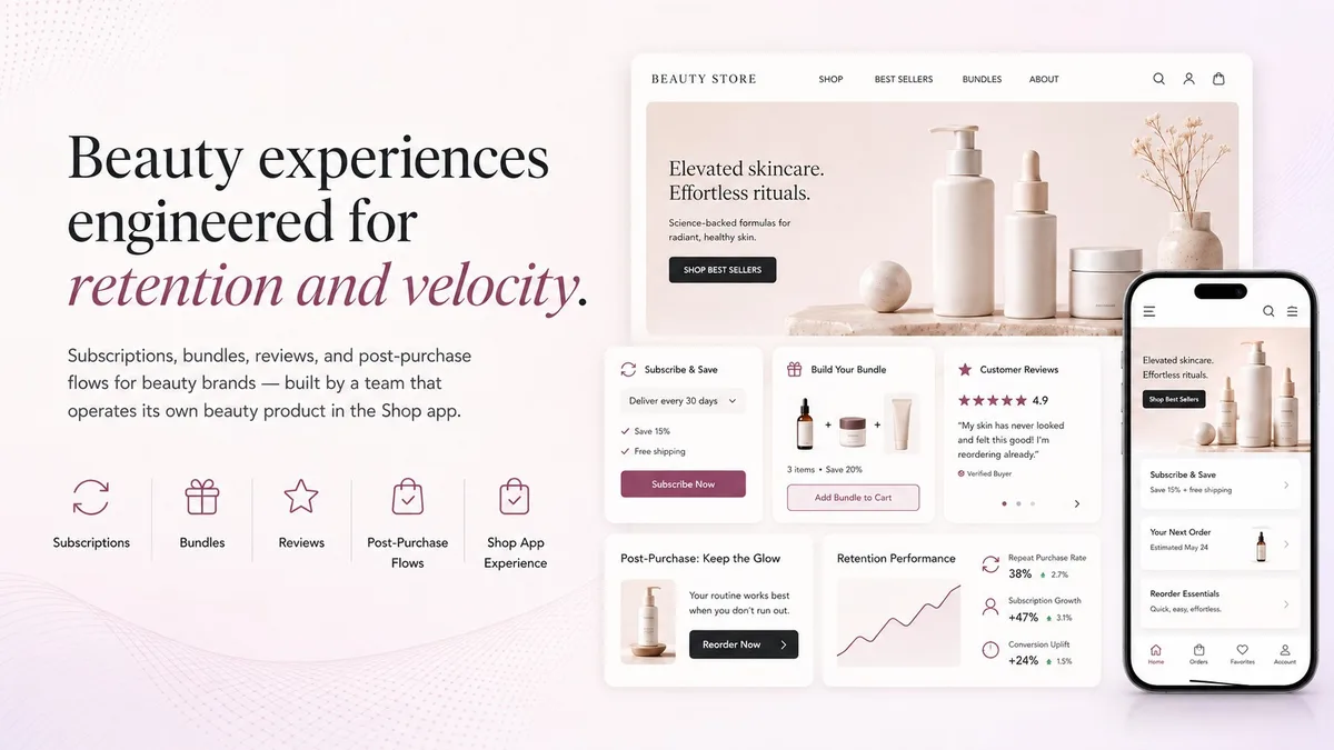 Beauty storefront with subscribe-and-save, bundle builder, customer reviews, post-purchase reorder prompts, and a retention performance panel.