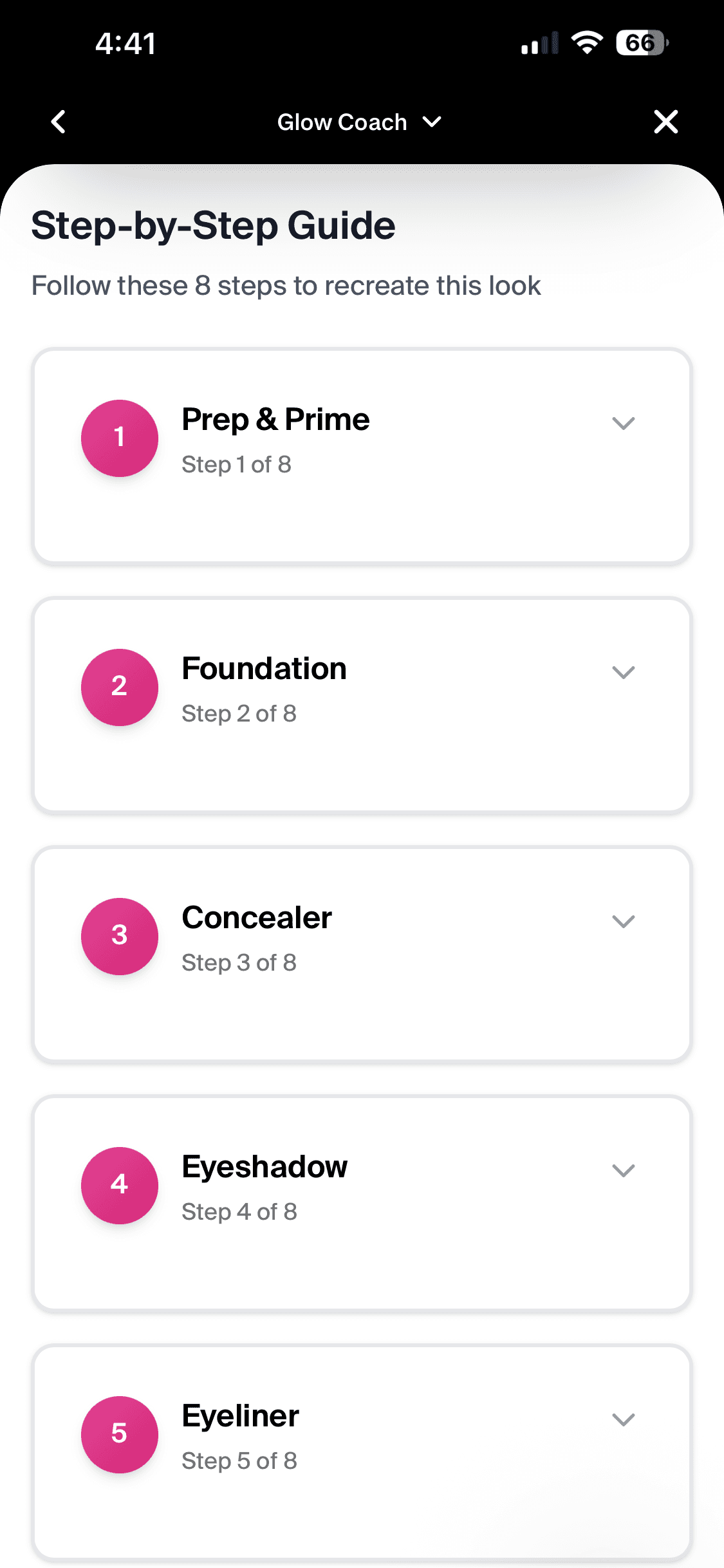 Eight-step makeup guide: Prep & Prime, Foundation, Concealer, Eyeshadow, Eyeliner