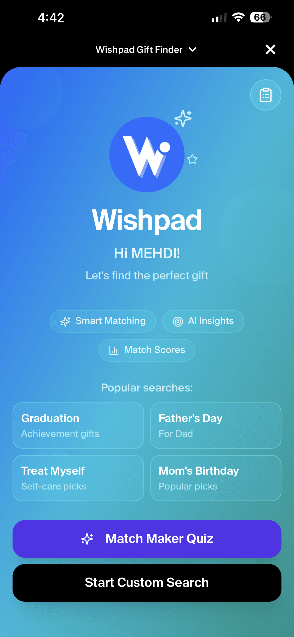 Wishpad Gift Finder welcome screen with Match Maker Quiz CTA