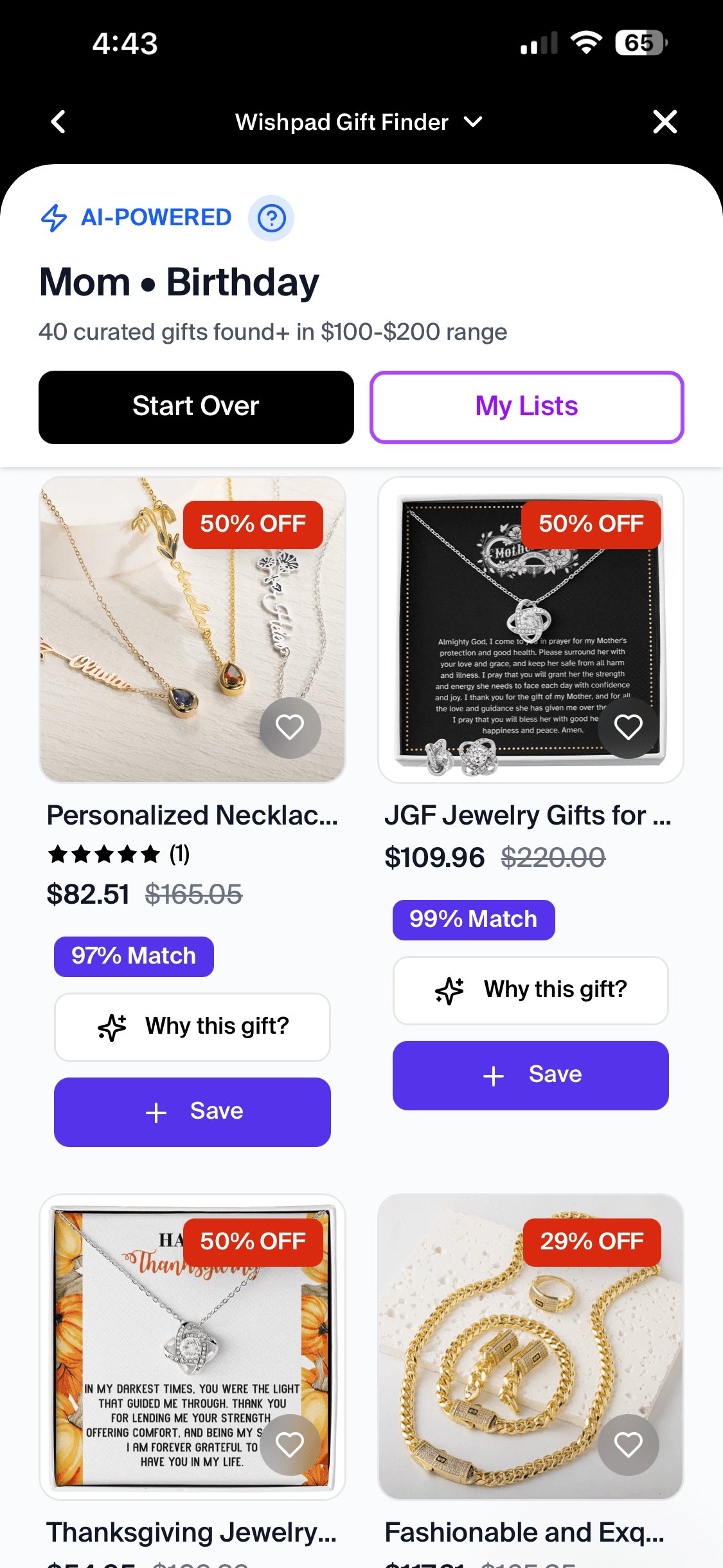 Forty curated gifts for Mom · Birthday, with match scores and 50% off badges