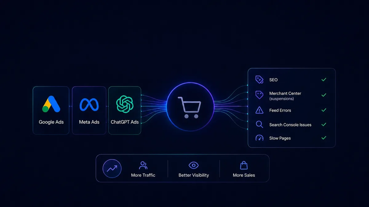 Growth channels: Google Ads, Meta Ads, and ChatGPT ads driving a store, plus SEO, Merchant Center, feed, and Search Console fixes