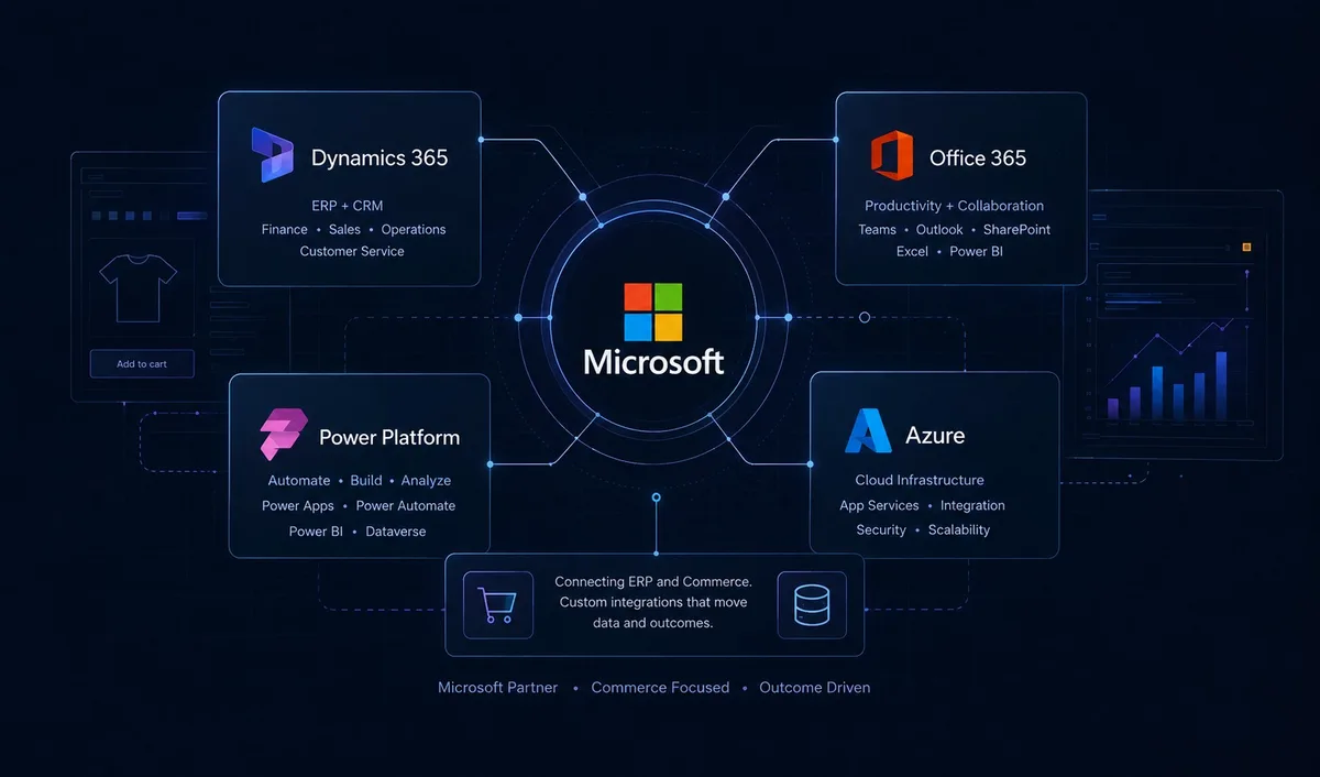 Microsoft platform map: Dynamics 365, Office 365, Power Platform, and Azure connected to ERP and commerce