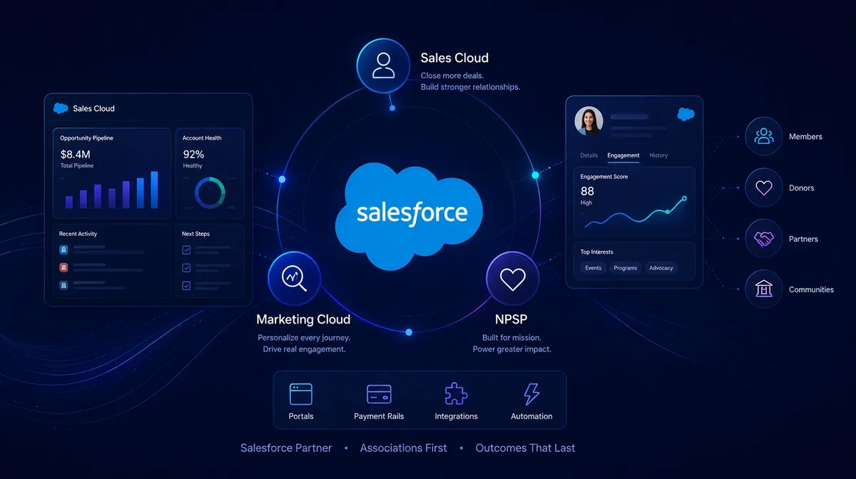 Salesforce platform map: Sales Cloud, Marketing Cloud, and NPSP with member, donor, and partner journeys