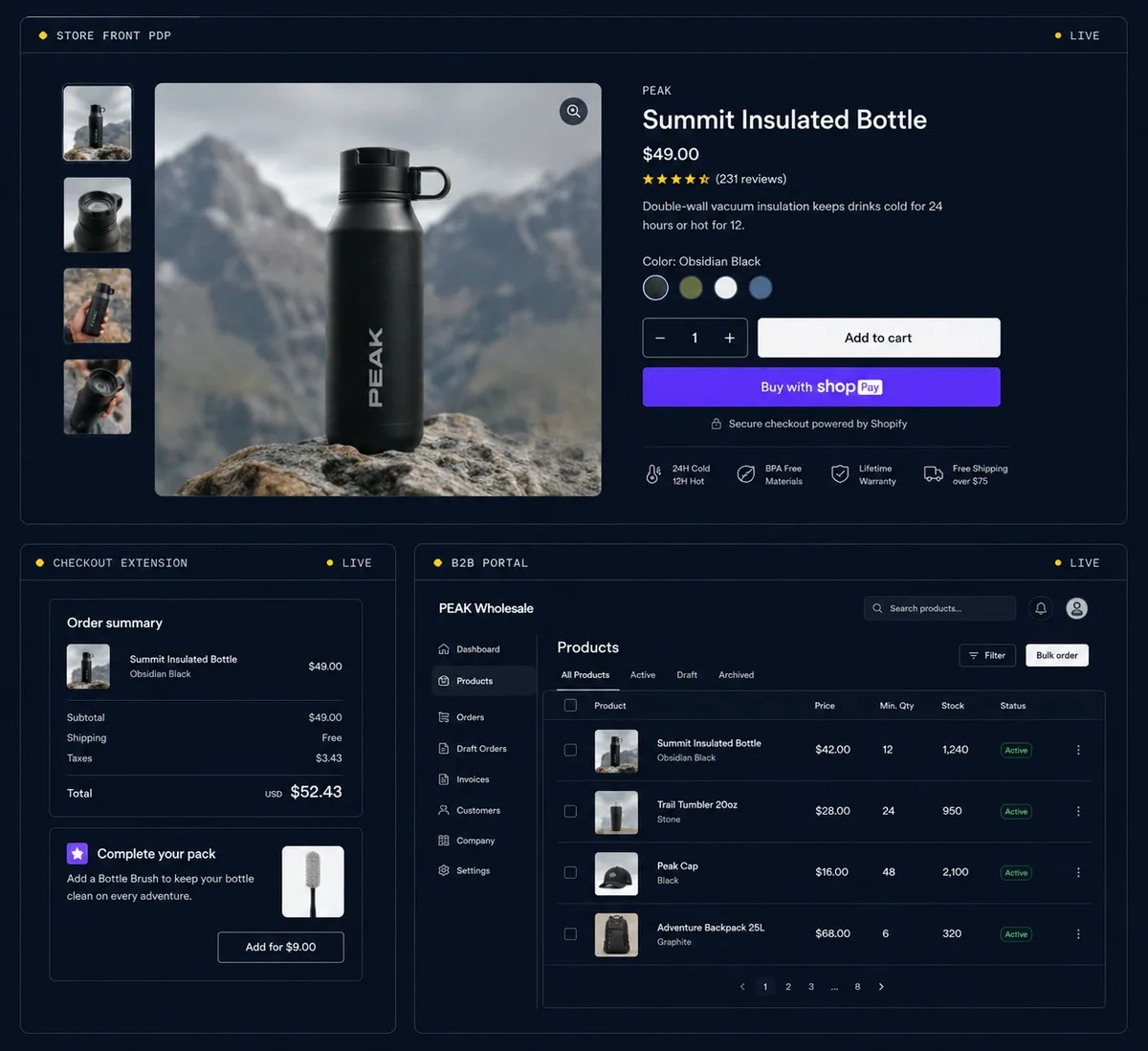 Shopify Plus build preview: product page storefront, checkout extension, and B2B wholesale portal